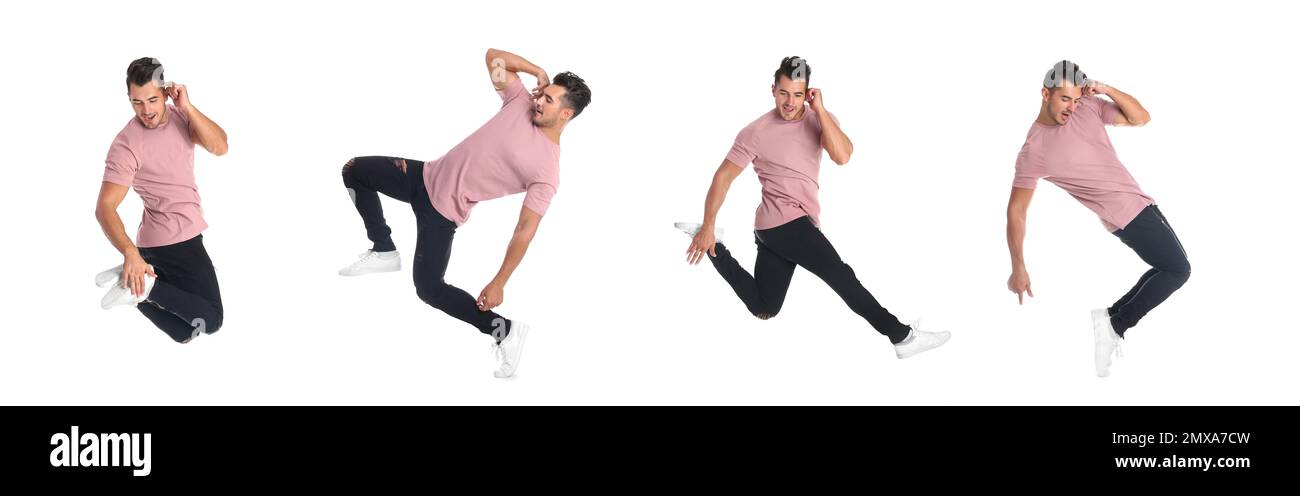 Collage avec des photos d'homme dans des vêtements de mode sautant sur fond blanc. Bannière Banque D'Images