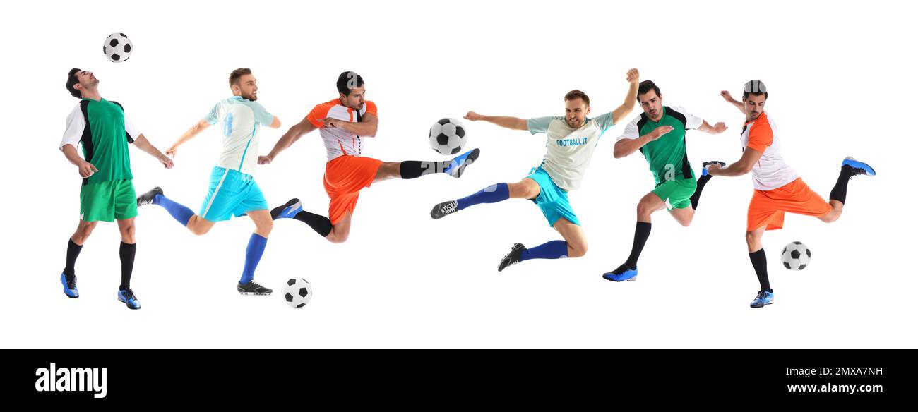 Collage avec photos de jeunes hommes jouant au football sur fond blanc. Bannière Banque D'Images