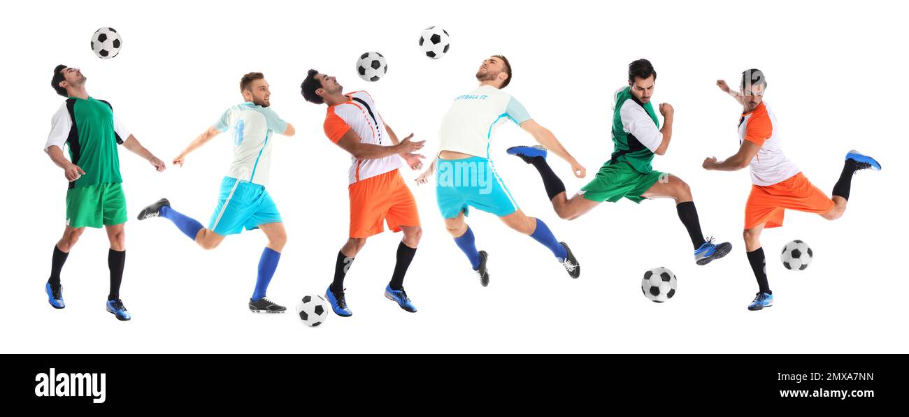 Collage avec photos de jeunes hommes jouant au football sur fond blanc. Bannière Banque D'Images
