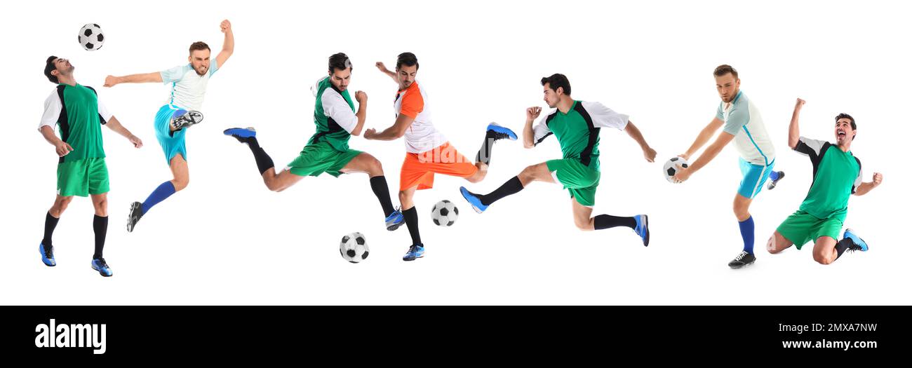 Collage avec photos de jeunes hommes jouant au football sur fond blanc. Bannière Banque D'Images