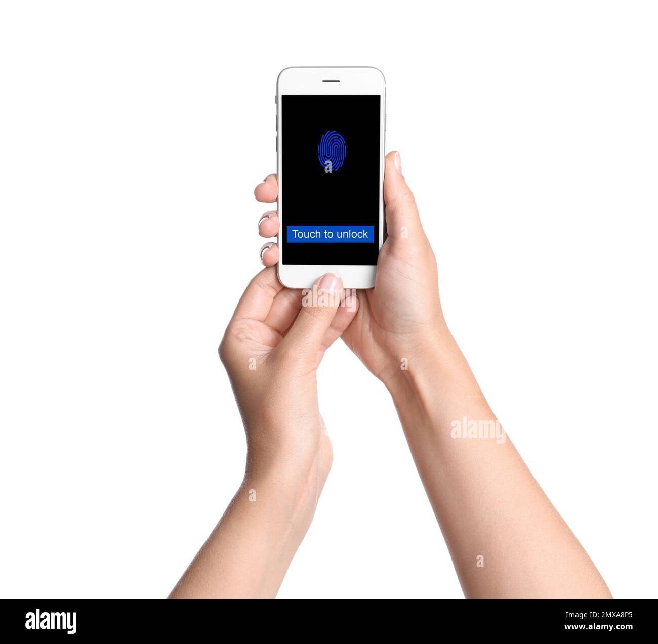 Femme avec smartphone scannant les empreintes digitales sur fond blanc, gros plan. Identité numérique Banque D'Images