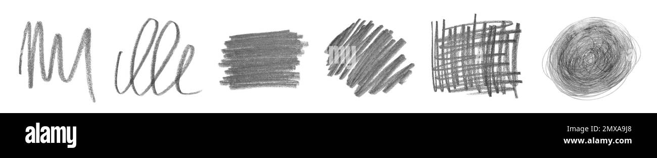 Collage de griffettes de crayon dessinées sur fond blanc. Bannière Banque D'Images