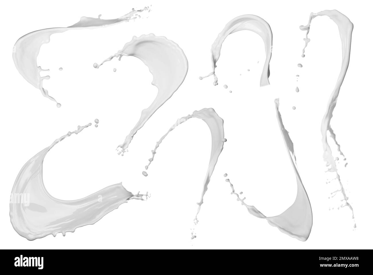 Set avec des éclaboussures abstraites de lait sur fond blanc Banque D'Images