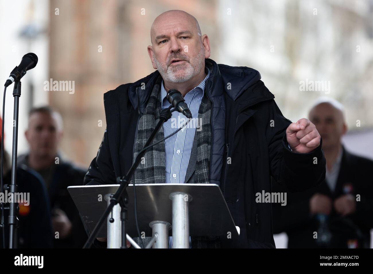 Londres, Royaume-Uni. 01st févr. 2023. Dave Ward, Secrétaire général de l'ASLEF, parle pendant la manifestation. Les syndicats du secteur public dans les secteurs de l'éducation, de la fonction publique et des chemins de fer ont participé à une action industrielle à grande échelle dans tout le pays. (Photo de Tejas Sandhu/SOPA Images/Sipa USA) Credit: SIPA USA/Alay Live News Banque D'Images