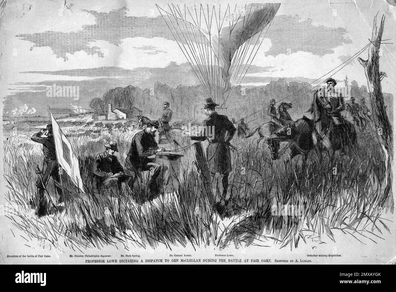 La bataille de sept pins (également connue sous le nom de bataille de Fair Oaks ou de Fair Oaks Station) a eu lieu sur 31 mai et 1 juin 1862, dans le comté de Henrico, en Virginie, dans le cadre de la campagne de la péninsule de la guerre civile américaine. C'était le point culminant d'une offensive sur la péninsule de Virginie menée par le général de division de l'Union George McClellan, dans laquelle l'armée du Potomac a atteint la périphérie de Richmond. Cette image illustre le professeur Lowe qui dicte au général McClellan après avoir été dans le ballon d'observation. Le corps de ballon de l'Armée de l'Union était une unité nouvellement créée qui était avec les forces unionistes, usi Banque D'Images
