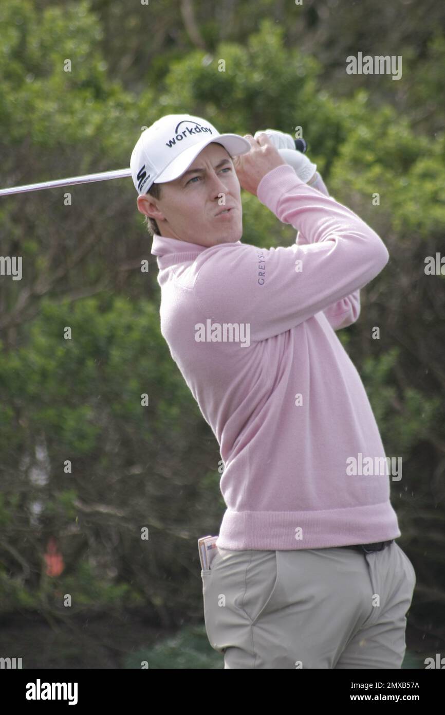 Pebble Beach, Californie, États-Unis. 2nd févr. 2023. Matt Fitzpatrick, champion DE l'US Open, d'Angleterre, sur le tee-shirt 5th de Spyglass Hill lors du tournoi DE golf AT&T Pro-Am PGA, à Pebble Beach Links Credit: Motofoto/Alay Live News Banque D'Images