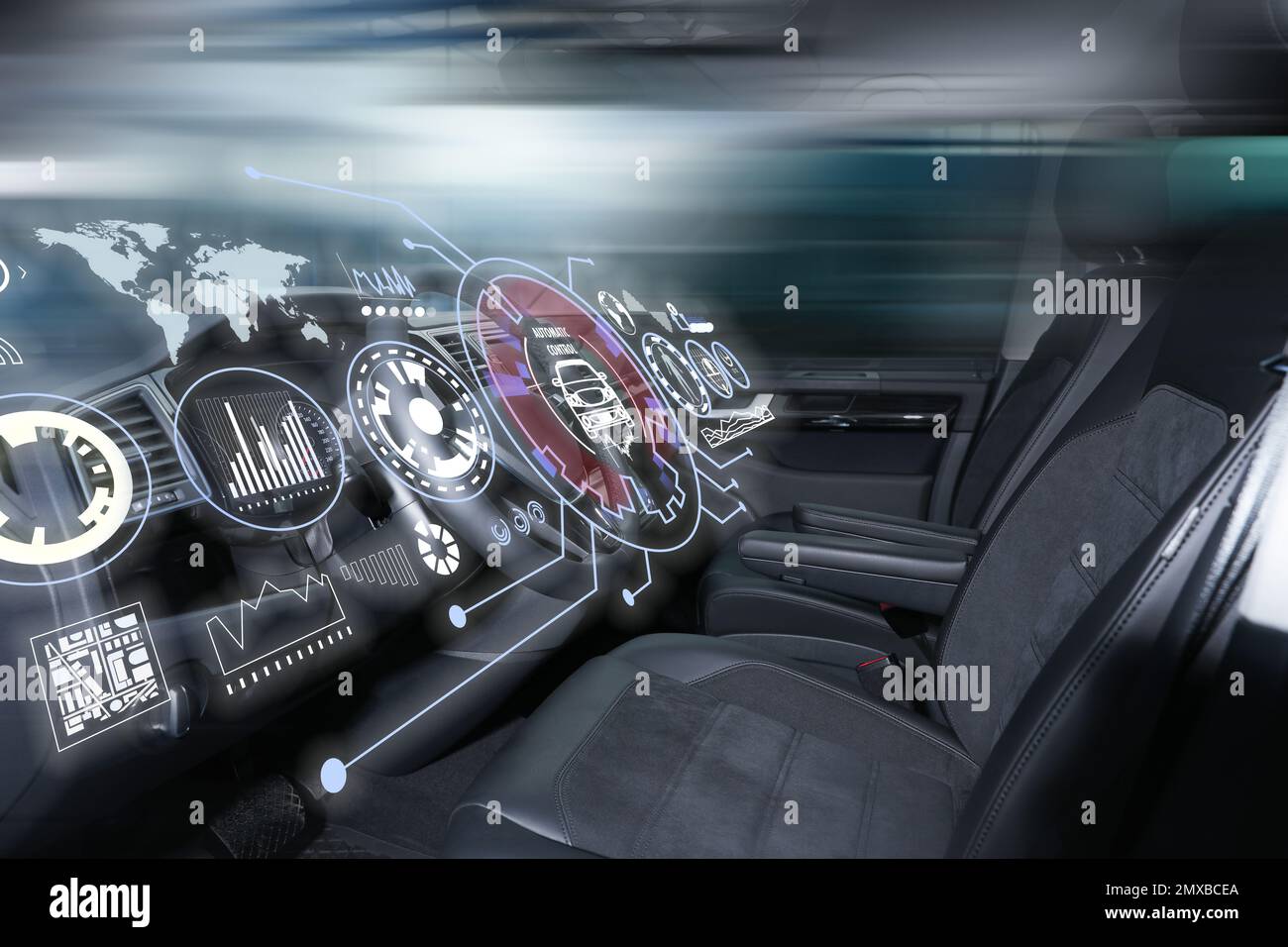 Technologie futuriste. Intérieur de voiture avec interface utilisateur graphique Banque D'Images