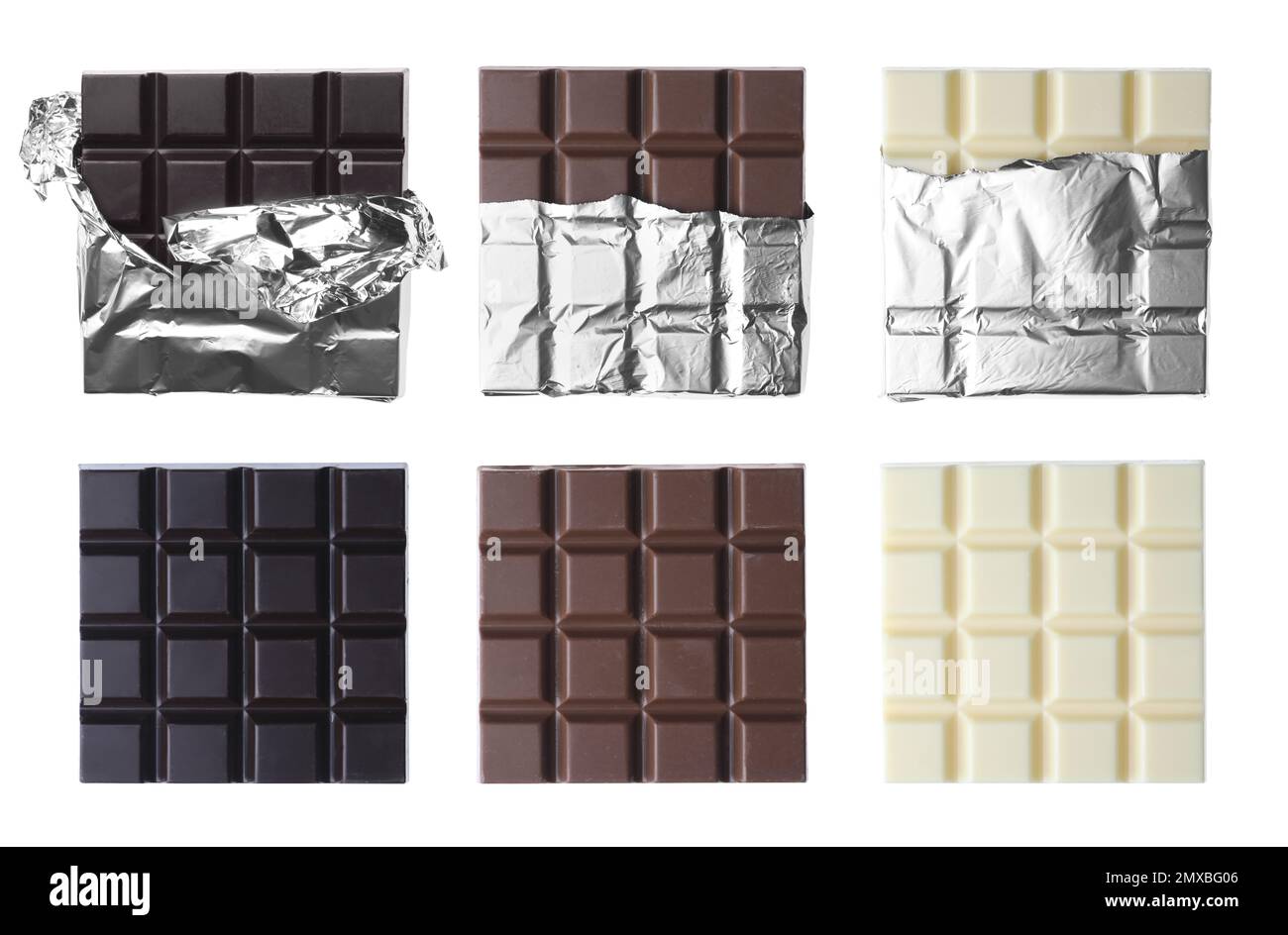 Ensemble avec différentes barres de chocolat sur fond blanc, vue du dessus Banque D'Images