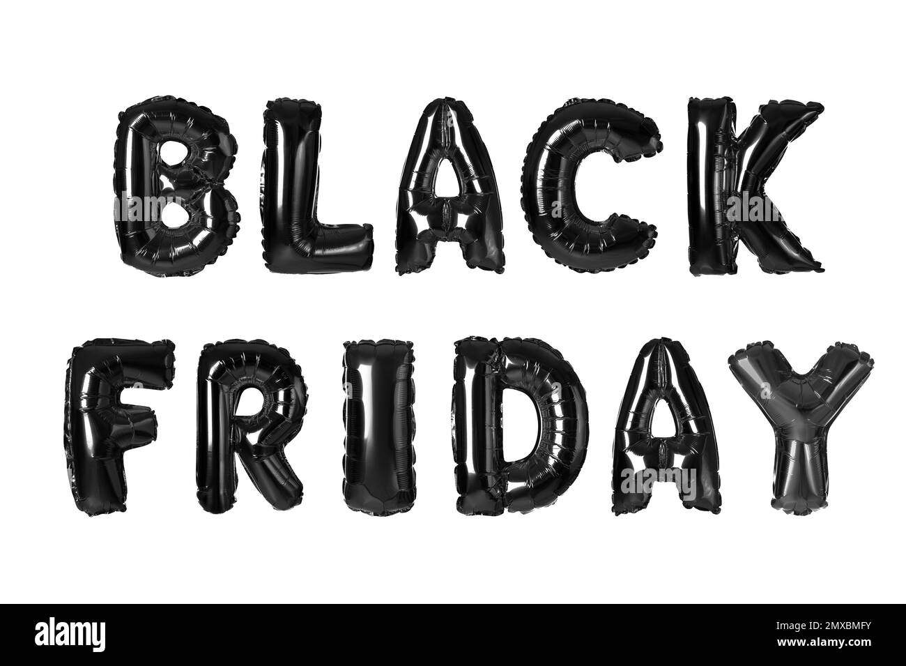 Texte VENDREDI NOIR fait de ballons en aluminium sur fond blanc Banque D'Images