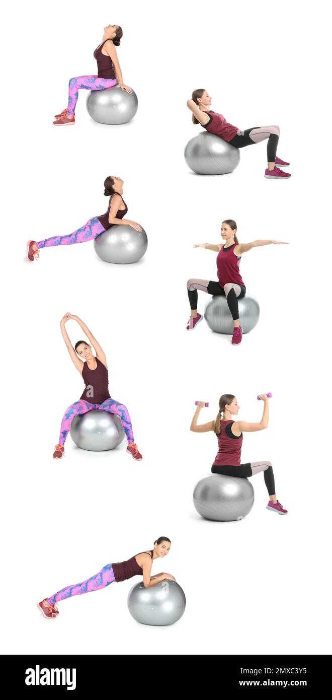 Collage de femmes avec fitball faisant des exercices sur fond blanc Banque D'Images