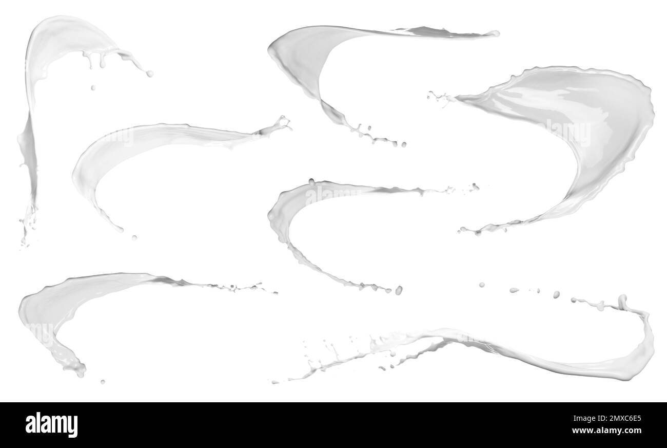 Set avec des éclaboussures abstraites de lait sur fond blanc Banque D'Images