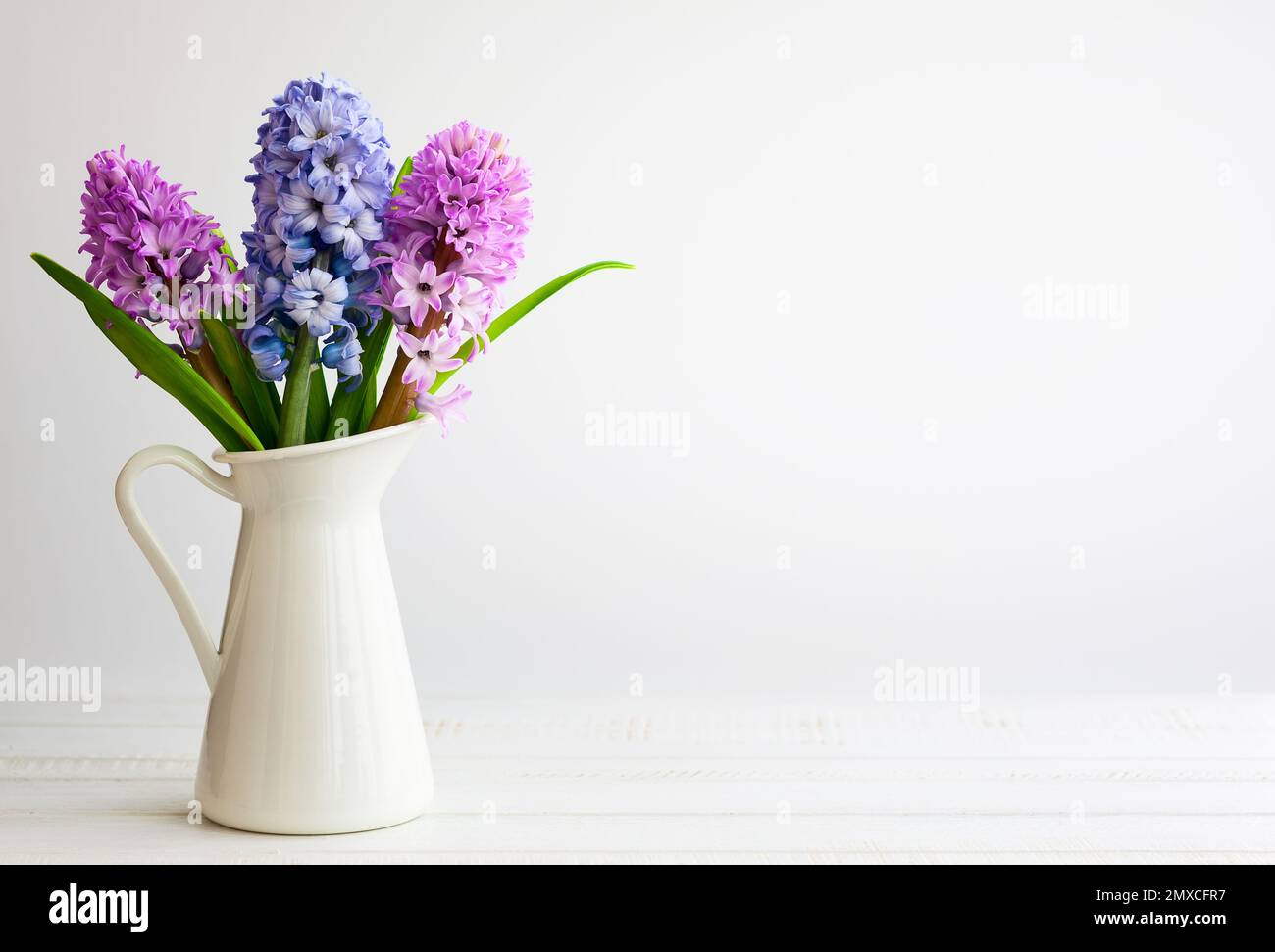 Composition de fleurs avec des hyacinthes lilas et roses. Fleurs printanières dans un vase sur fond blanc. Banque D'Images