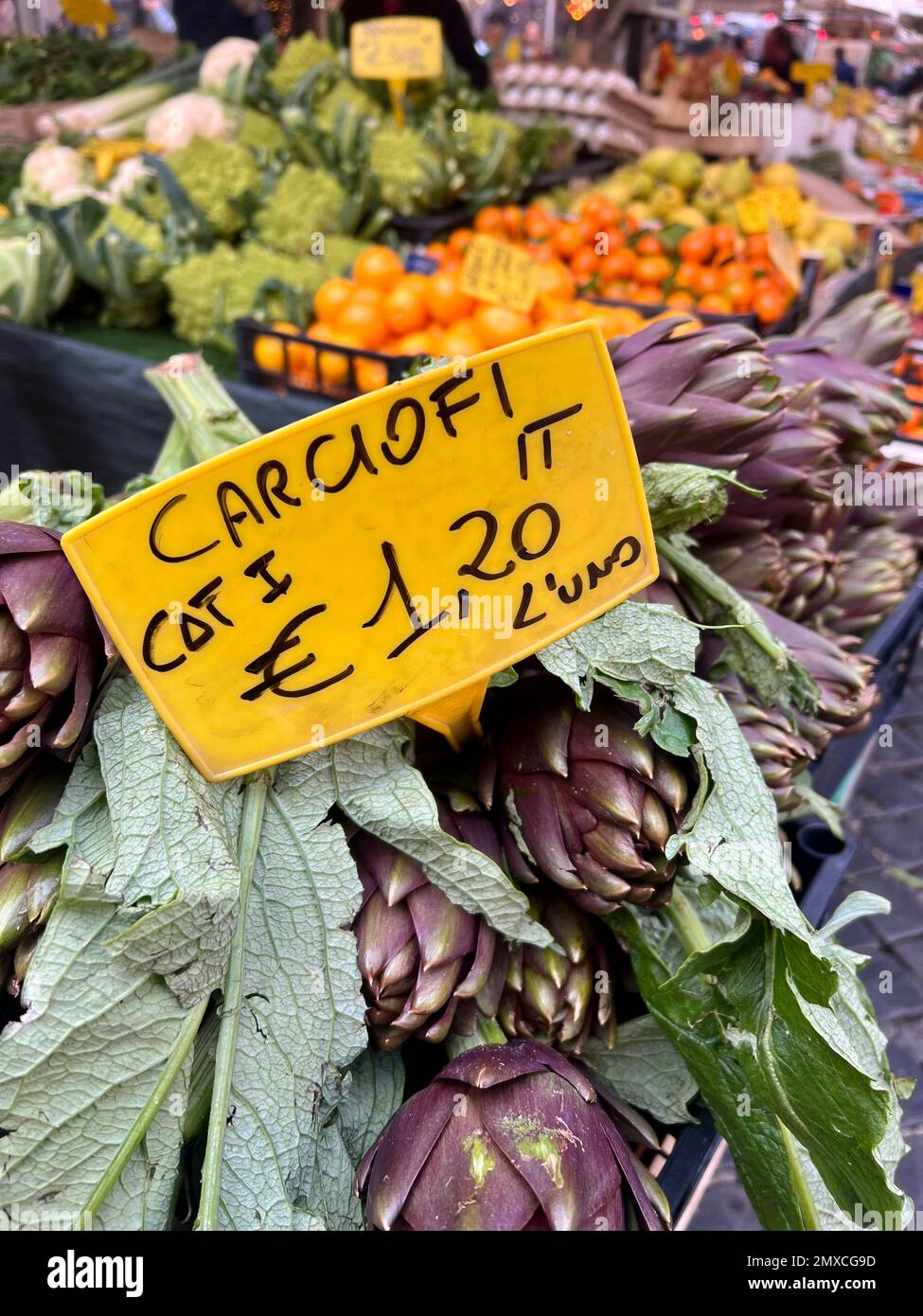 Marché, prix italien sur les artichauts frais avec une attention sélective dans un marché agricole ouvert en Italie. artichaut frais et mûr sur des supports de légumes ou Banque D'Images