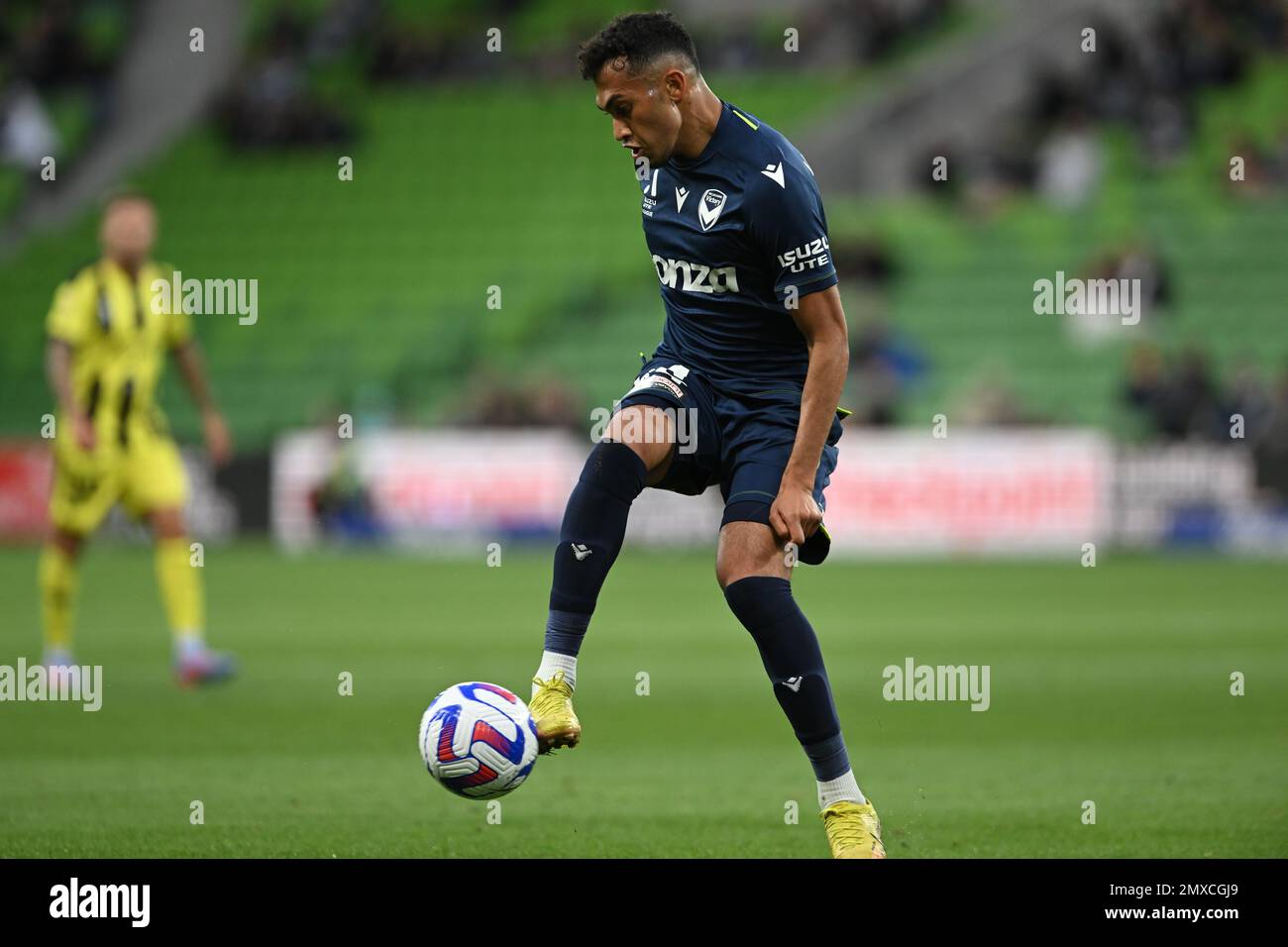 MELBOURNE, AUSTRALIE. 3 février 2023, Melbourne Victory contre Wellington Phoenix à l'AAMI Park. Melbourne, attaquant de la victoire, Nishan Velupillay. Credit: Karl Phillipson / Alamy Live News Banque D'Images