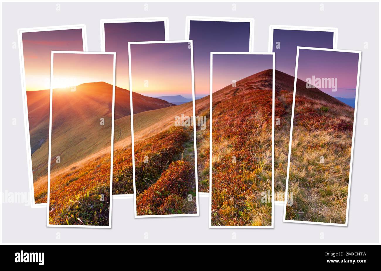 Isolé huit cadres collage de la photo de paysage d'automne étonnant dans les montagnes Carpates. Lever de soleil pittoresque dans les montagnes. Maquette de modula Banque D'Images