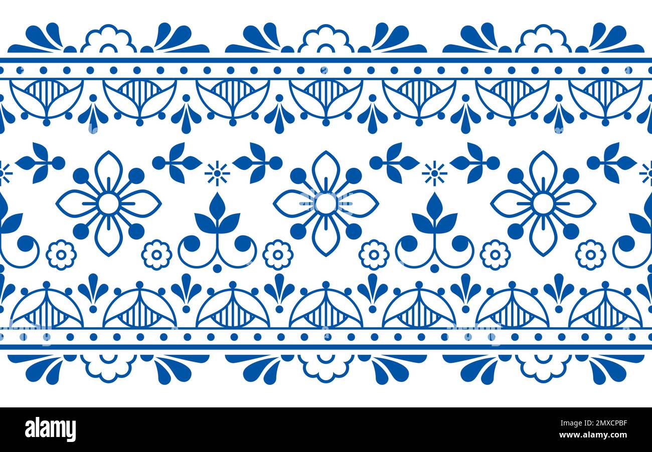 Scandinave folk art contour vector long horizontal orienté sans couture texte ou tissu imprimé, bleu marine rétro design avec fleurs Illustration de Vecteur