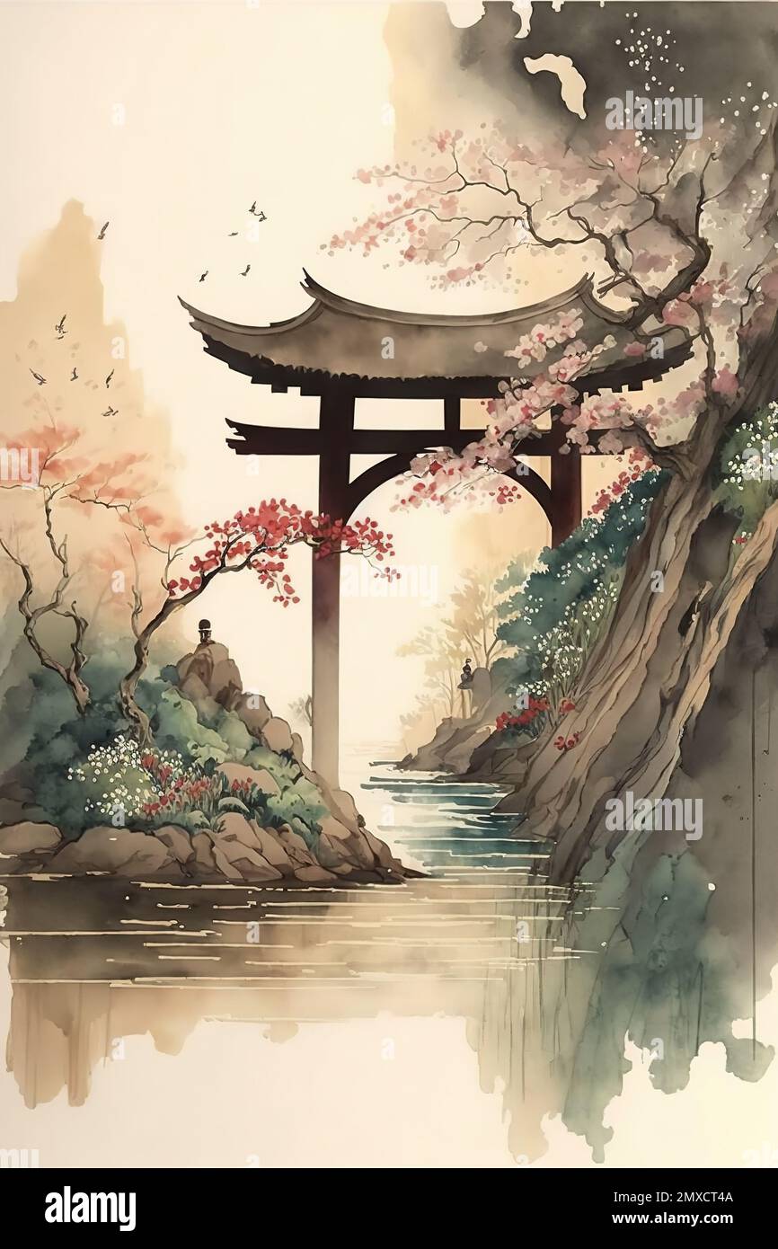 Paysage japonais en aquarelle avec une touche de jardin de fées et une  palette de couleurs douces - ai générative Photo Stock - Alamy