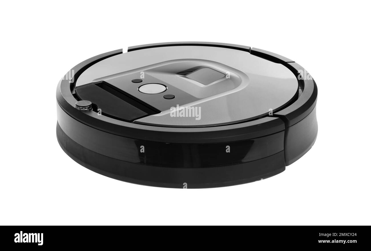 Aspirateur robot moderne isolé sur blanc Banque D'Images