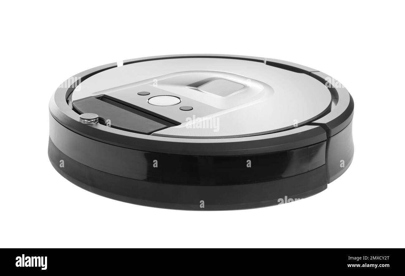 Aspirateur robot moderne isolé sur blanc Banque D'Images