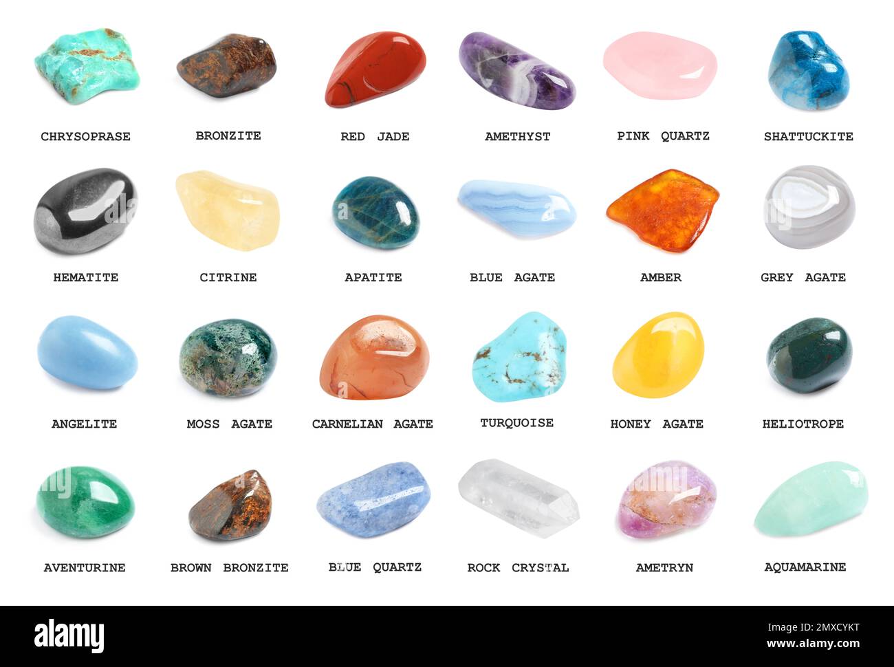 Collection de pierres gemmes différentes sur fond blanc Banque D'Images