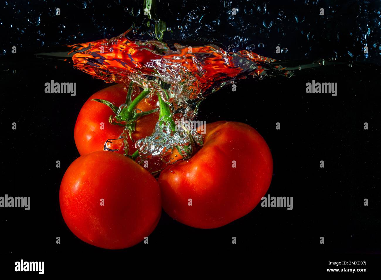 Tomate rouge fraîche tombant dans l'eau avec des éclaboussures d'eau et des bulles d'air isolées sur fond noir. Banque D'Images