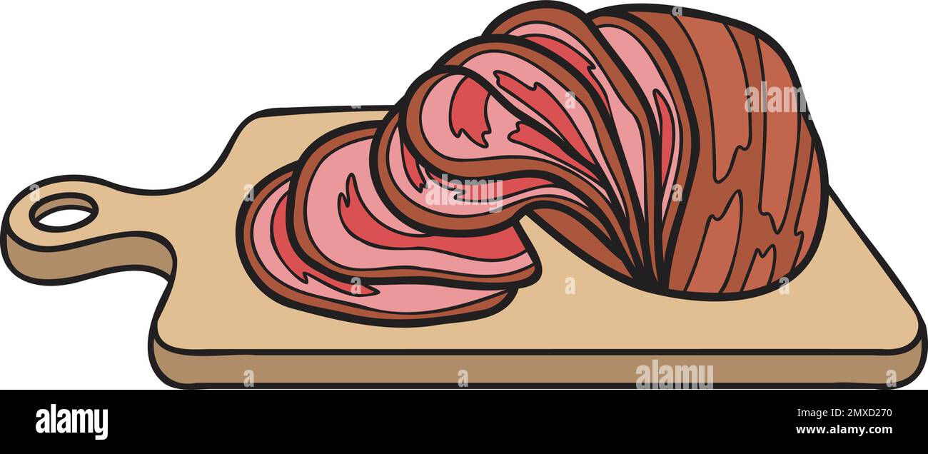 Jambon en tranches dessiné à la main sur une illustration de planche à découper en bois de style Doodle isolée sur l'arrière-plan Illustration de Vecteur