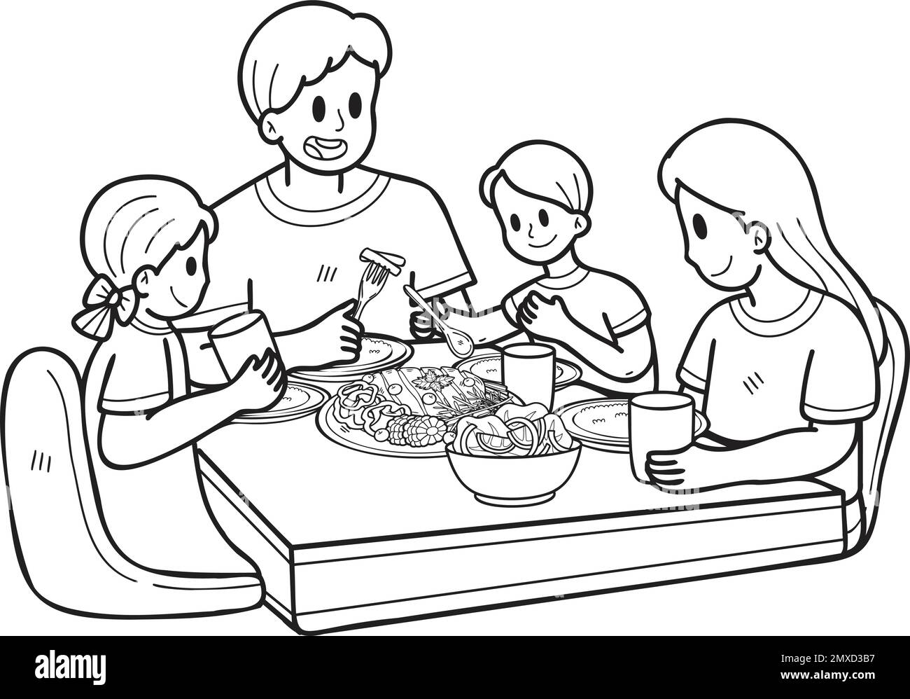 Dessin à la main de la famille manger de la nourriture sur la table illustration dans le style Doodle isolé sur le fond Illustration de Vecteur