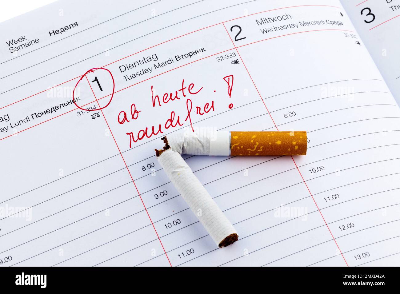 cigarette cassée sur un calendrier, intention de cesser de fumer Banque D'Images