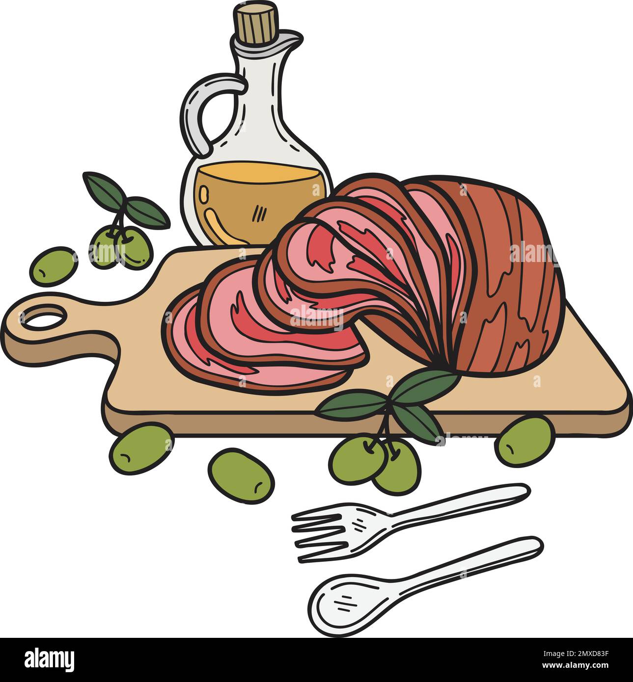 Jambon en tranches dessiné à la main sur une illustration de planche à découper en bois de style Doodle isolée sur l'arrière-plan Illustration de Vecteur
