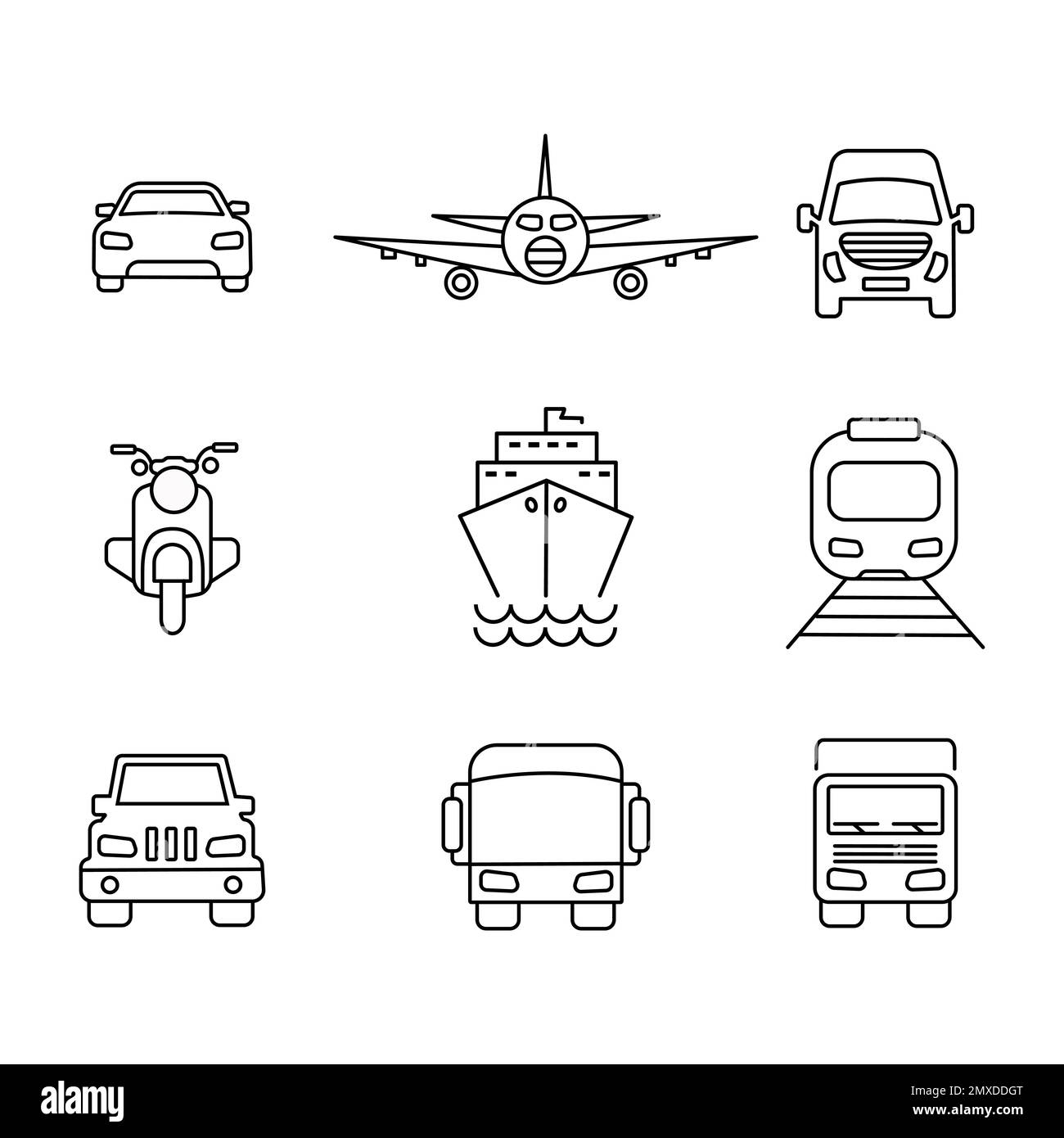 Ensemble d'icônes, de vecteurs et d'illustrations de la vue avant du véhicule et du transport Illustration de Vecteur