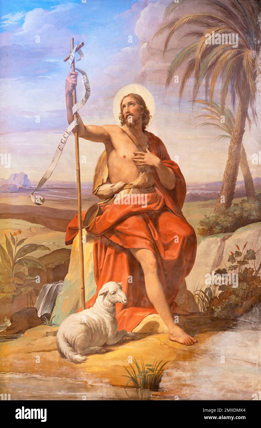 ROME, ITALIE - 28 AOÛT 2021 : la fresque de Saint Jean-Baptiste dans l'église San Girolamo dei Laky par Pietro Gagliardi (1847-1852). Banque D'Images ROME, ITALIE - 28 AOÛT 2021 : la fresque de Saint Jean-Baptiste dans l'église San Girolamo dei Laky par Pietro Gagliardi (1847-1852). Banque D'Images