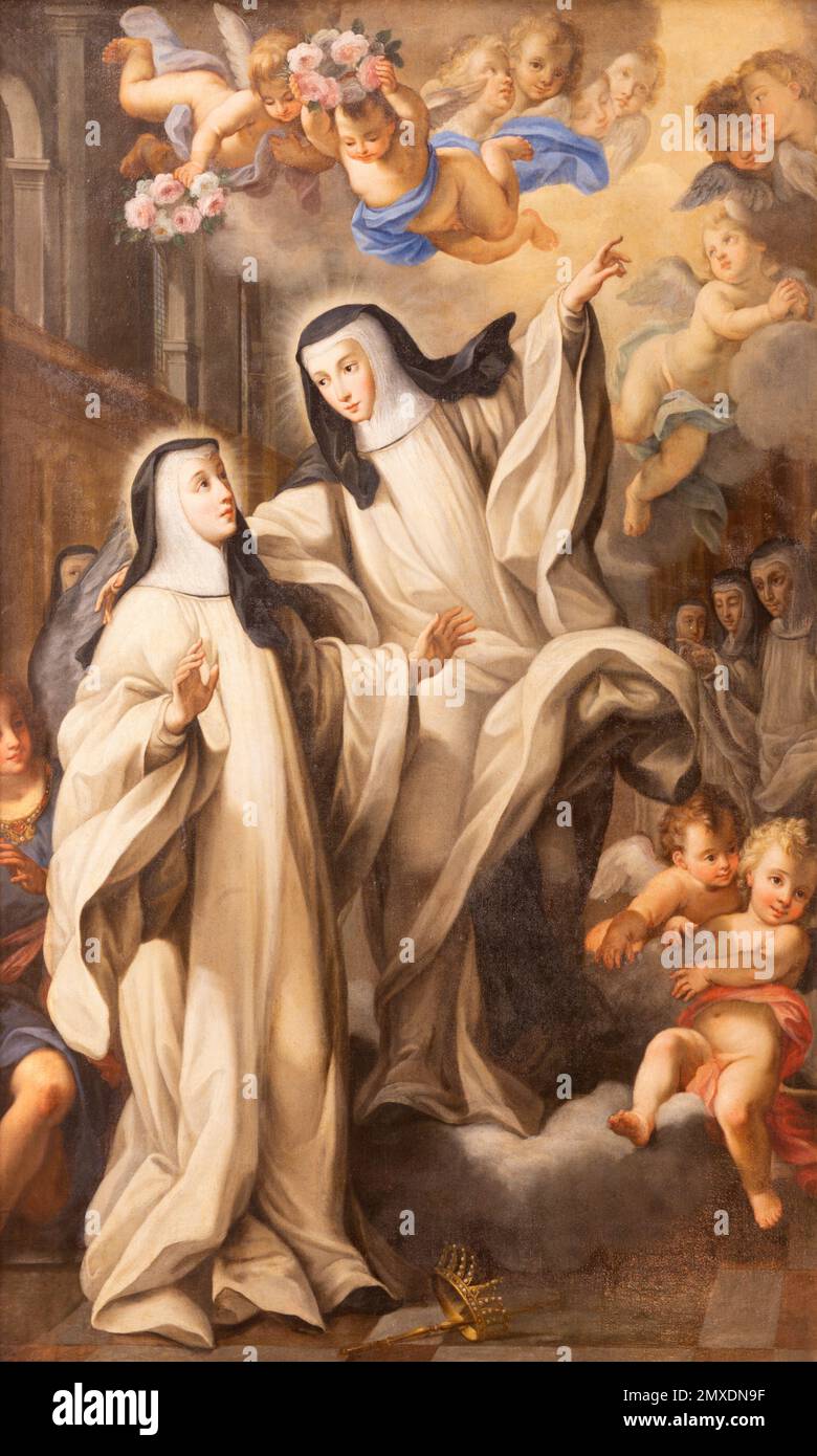 ROME, ITALIE - 30 AOÛT 2021 : la peinture de Sainte Thérèse et Sancha dans l'église Sant'Antonio dei Portoghesi de Giovanni Odazzi (1663 – 1731). Banque D'Images