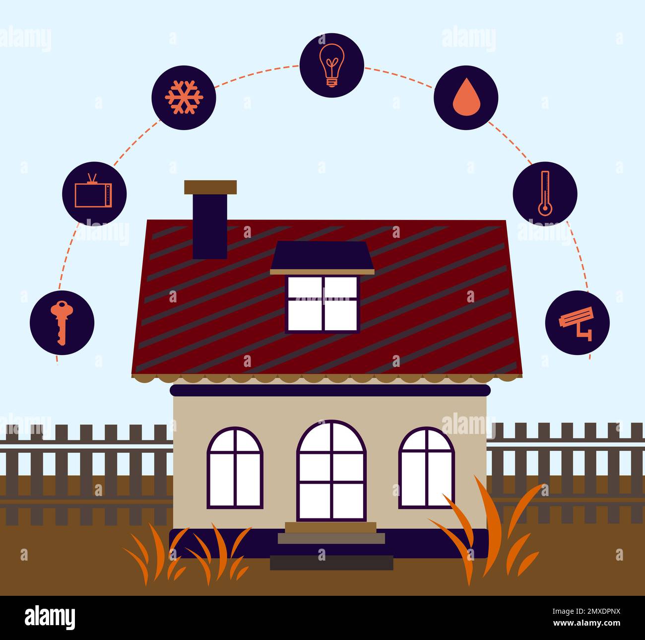 Illustration de la technologie Smart Home avec systèmes automatiques et icônes sur fond de couleur Banque D'Images