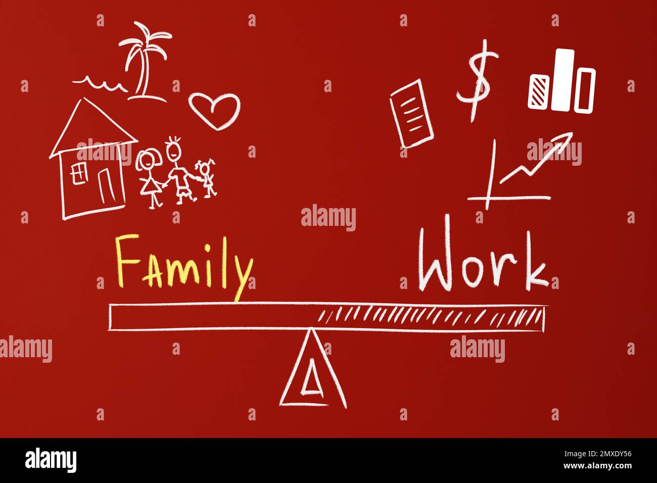 Équilibre de vie. Illustration représentant le choix entre famille et travail sur fond rouge Banque D'Images