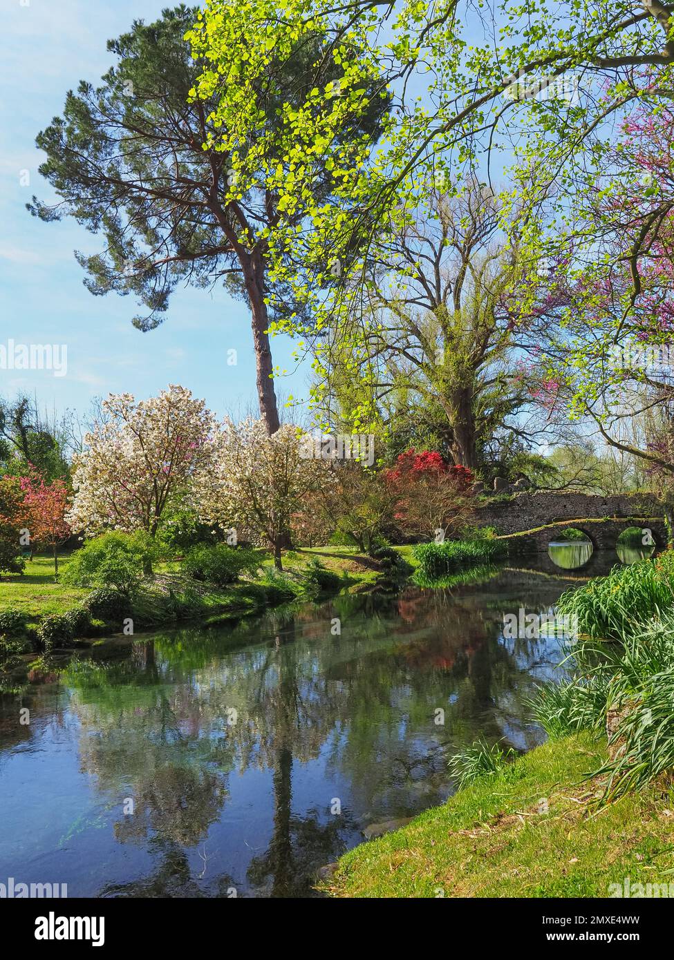 La rivière Ninfa et les ruines d'un pont médiéval sont entourées d'un jardin étonnant avec des plantes à fleurs. Monti Lepini vallée de montagne. Paysage magnifique. Banque D'Images