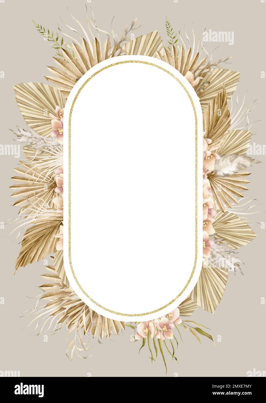 Modèle floral aquarelle pour carte de vœux ou invitations de style boho. Carte postale avec feuilles de palmier séchées et fleurs d'orchidées. Plantes bohème tropicales sur fond isolé. Couleurs beige et or. Banque D'Images