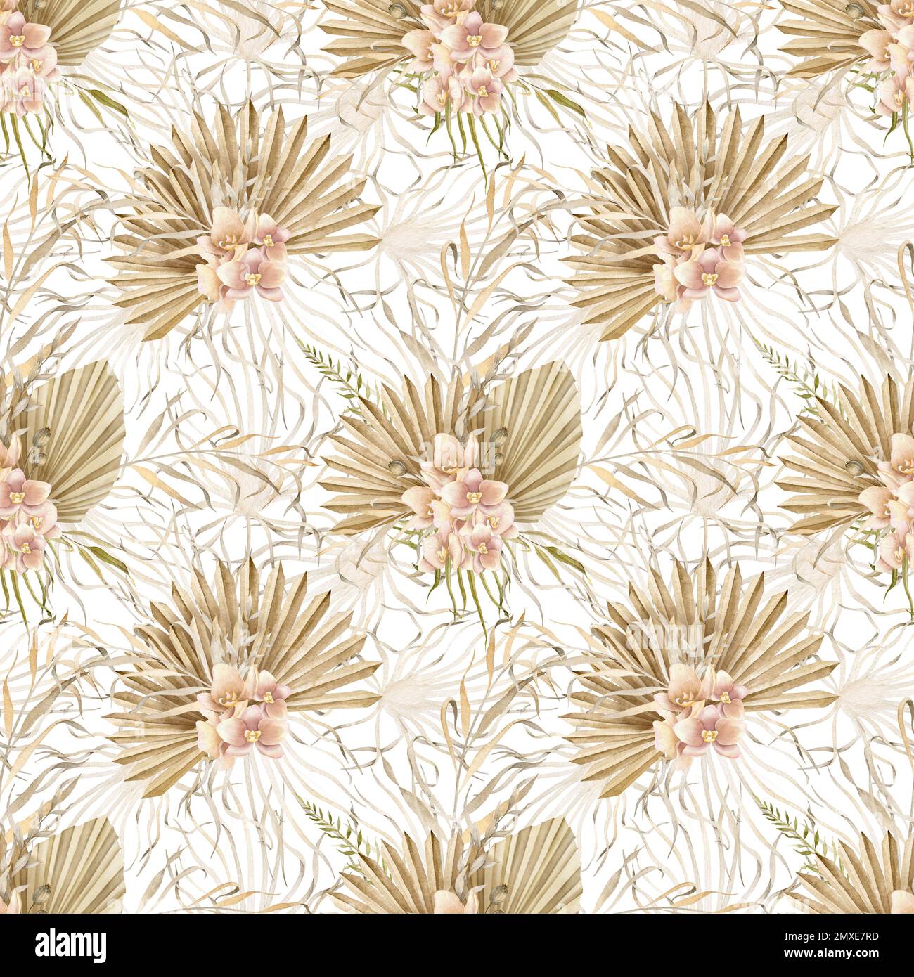 Aquarelle sans couture motif avec herbier de feuilles de palmier sèches et fleurs d'orchidées sur fond isolé pour l'emballage du papier ou de la conception textile. Illustration dessinée à la main avec plantes tropicales pour papier peint Banque D'Images