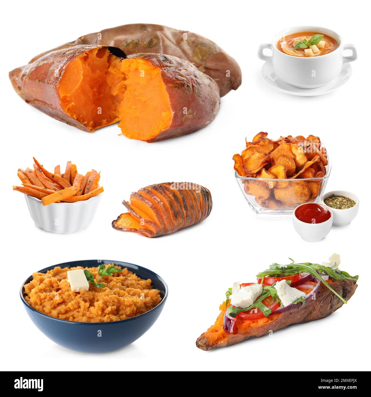 Ensemble de délicieux plats de patates douces sur fond blanc Banque D'Images