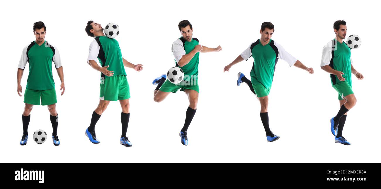 Collage de photos de jeunes joueurs de football sur fond blanc. Bannière Banque D'Images