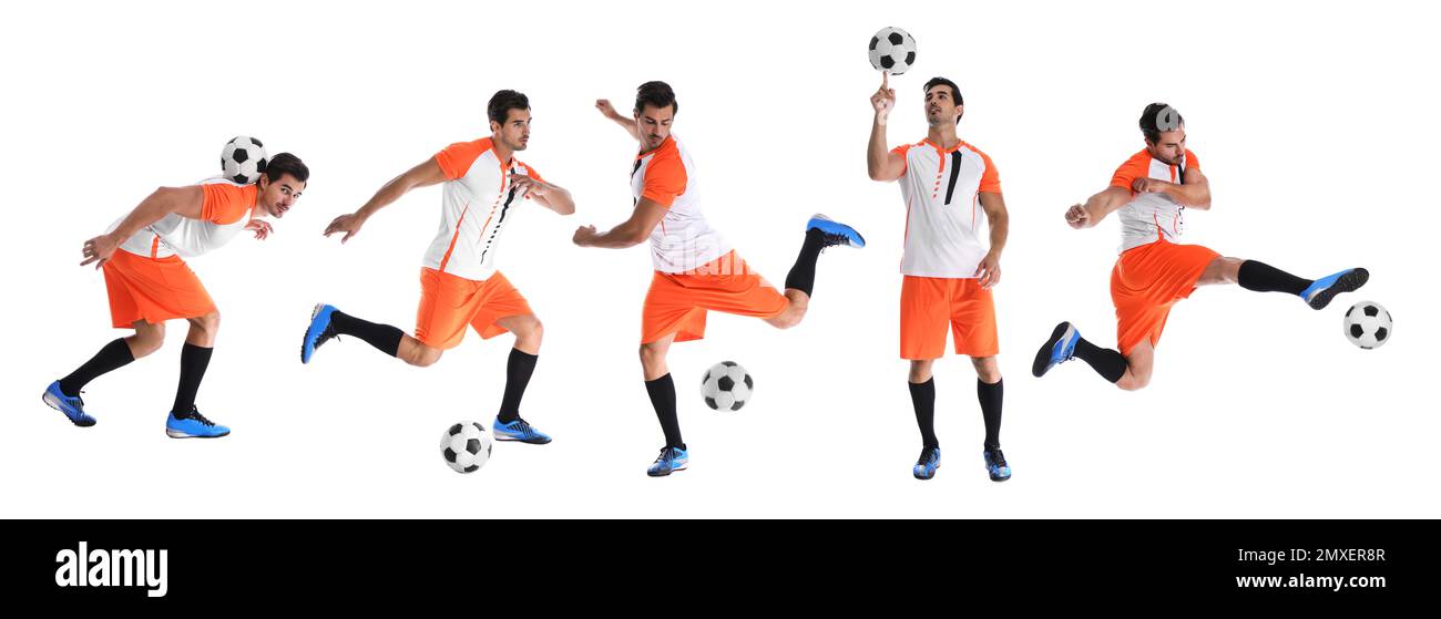 Collage de photos de jeunes joueurs de football sur fond blanc. Bannière Banque D'Images