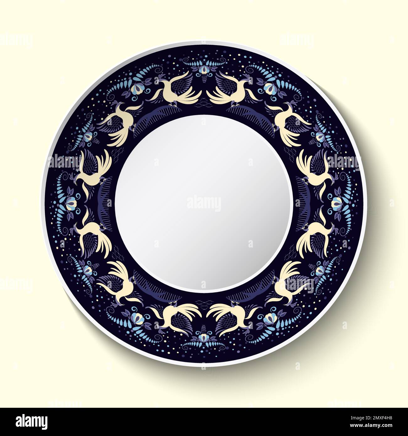 Vue de dessus de la plaque en céramique bleu foncé avec décoration d'oiseaux et de fleurs peintes sur le bord. Vaisselle isolée sur fond clair. Classique stylisé Illustration de Vecteur
