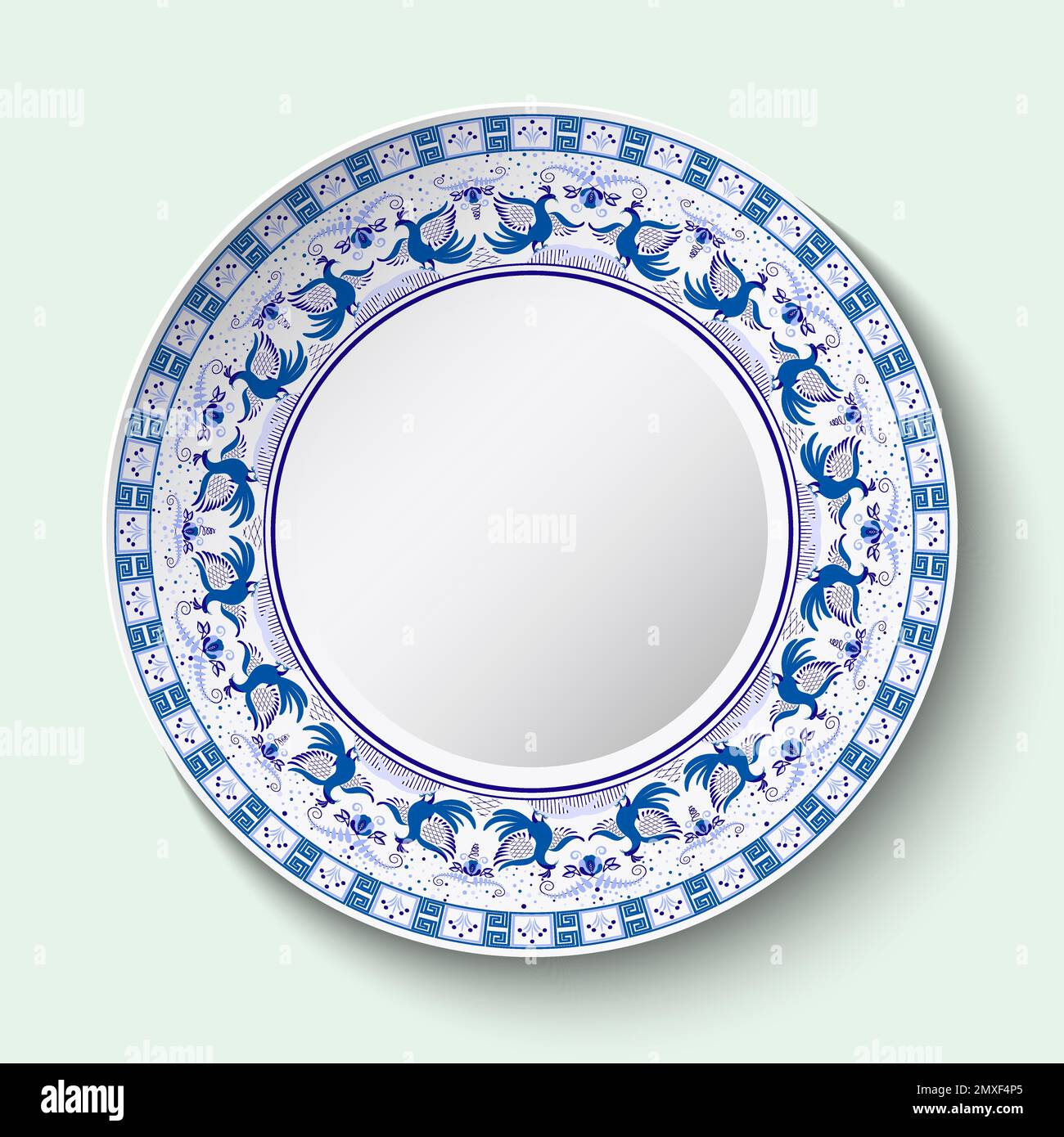 Assiette à vaisselle bleu ethnique pour décoration intérieure, réglage de la table. Peinture stylisée au cobalt ethnique sur porcelaine. Plat isolé, plats ethniques au menu Illustration de Vecteur