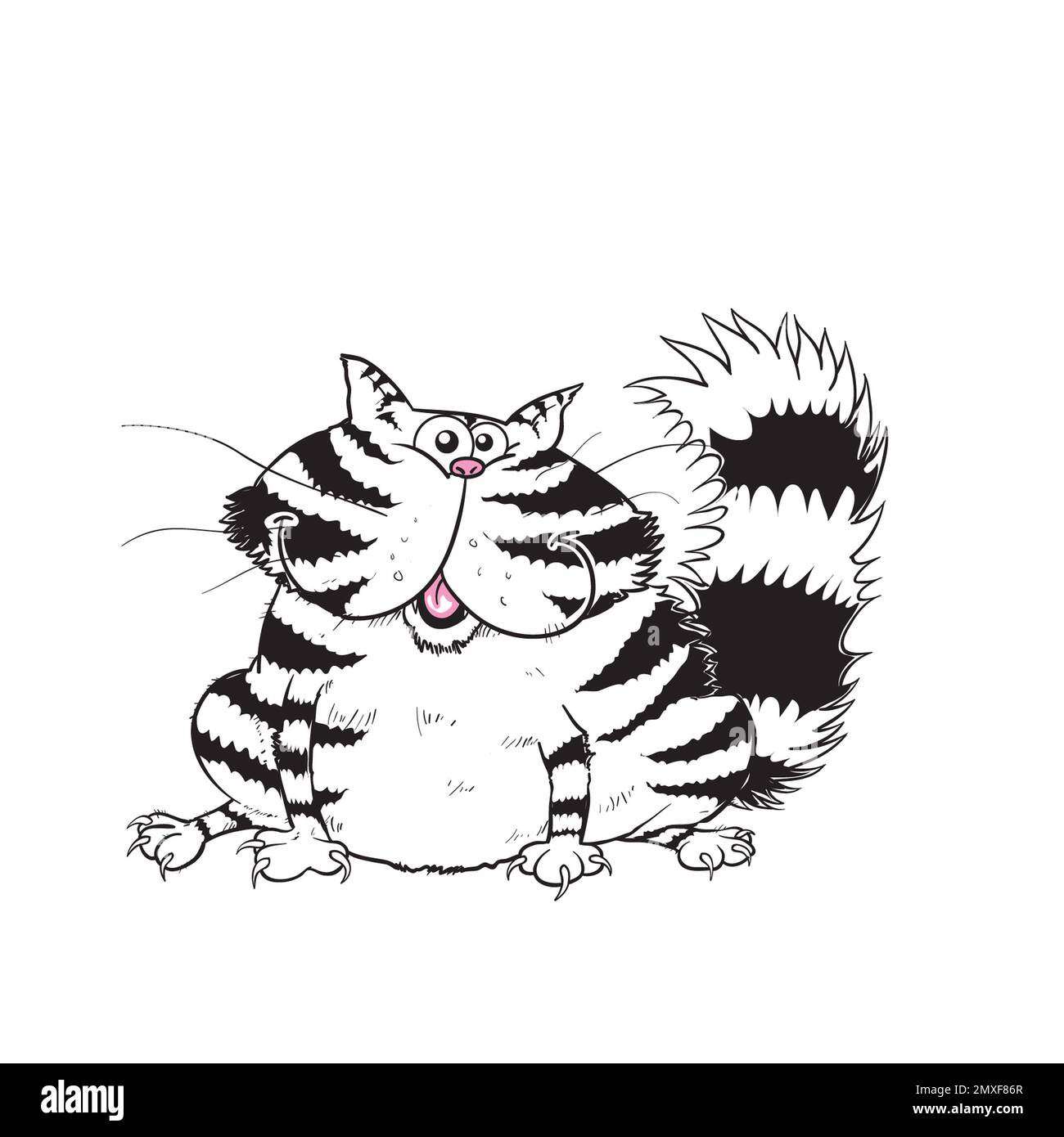 L'art de dessin animé amusant et humoristique d'un chat gras convient à des caractéristiques pratiques sur le maintien d'un animal de compagnie, le maintien d'animaux de compagnie sains, la nourriture de chat, l'alimentation de chat ou l'exercice pour les chats. Banque D'Images