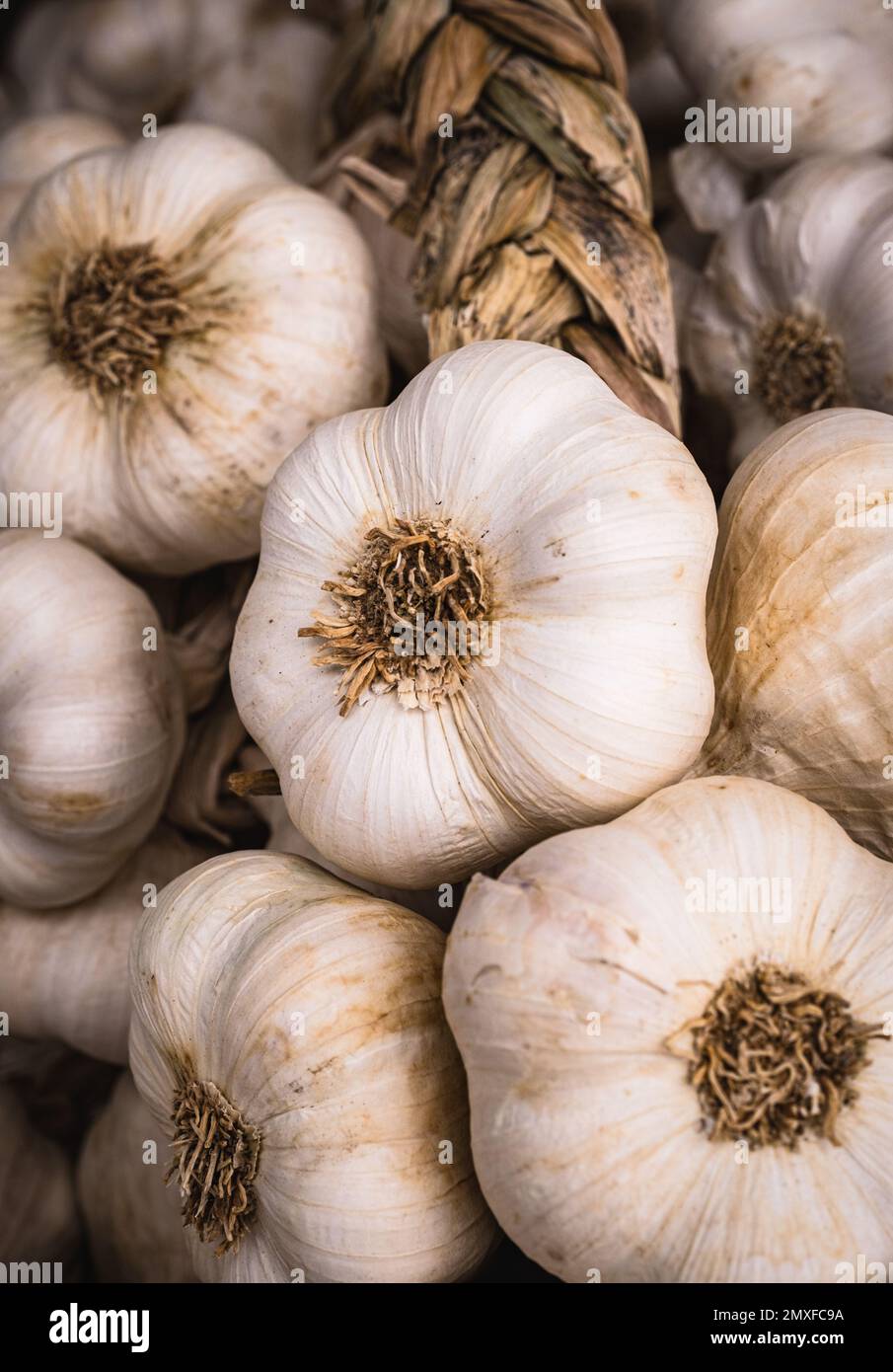 Ail fumé biologique en vente sur un marché alimentaire artisanal. Banque D'Images