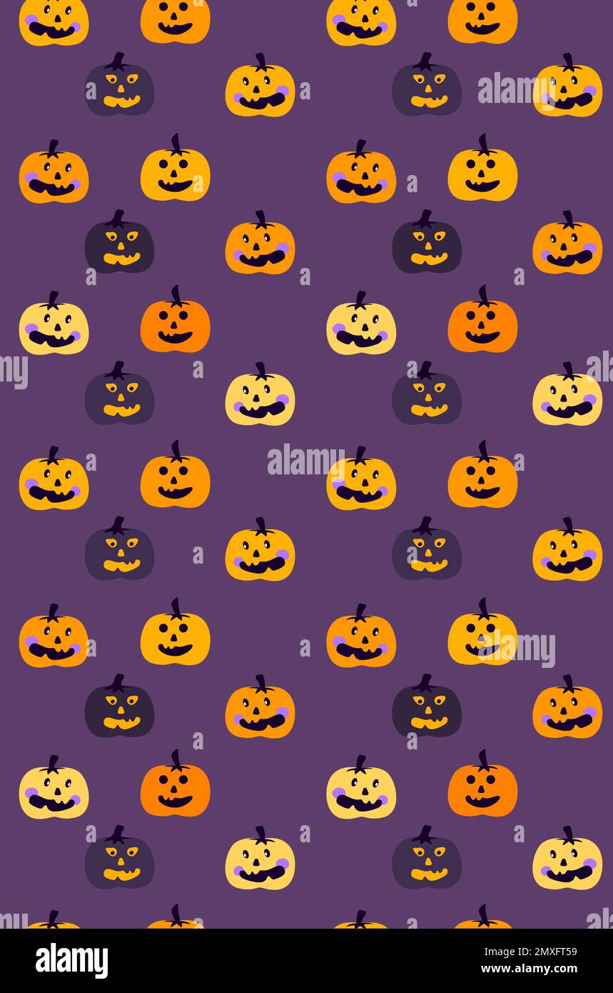 Halloween Pumpkin Seamless Pattern.Jack-o-lanterne,infini Violet , Orange Bright Background,Cute Pumpkins.All Saints Day Banner.Bright Greeting Happy Banque D'Images