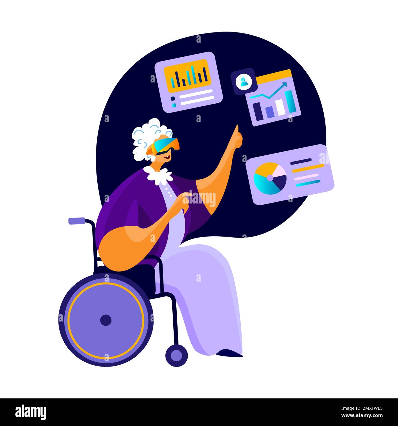 Réalité virtuelle. Femme handicapée âgée pensionnée en fauteuil roulant étudiant. Portez un casque VR. Pensionné âgé Sudent dans VR obtenir l'éducation. Futur Banque D'Images