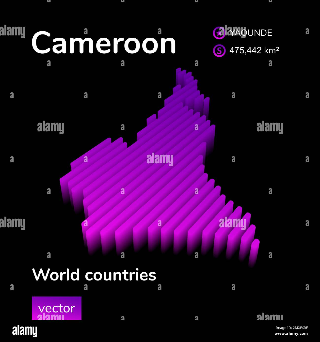 Carte isométrique à motif vectoriel stylisé rayé de 3D du Cameroun. Carte du Cameroun aux couleurs violet et rose fluo Illustration de Vecteur