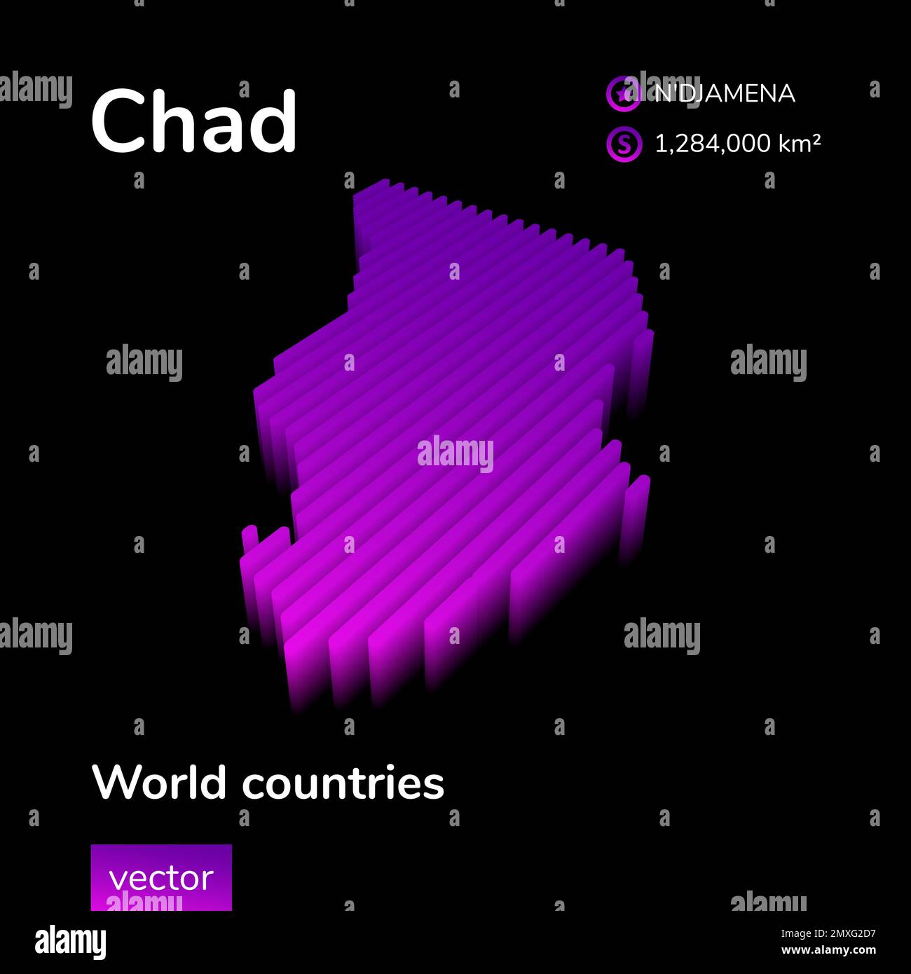 Carte isométrique à motif vectoriel stylisé à rayures 3D du Tchad en violet de néon et en rose sur fond noir Illustration de Vecteur