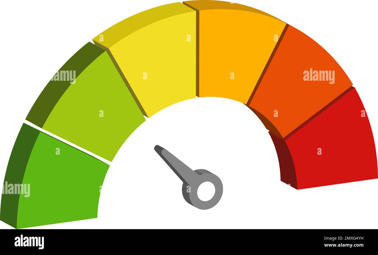 Compteur de vitesse à icône Vector 3D avec flèche pour tableau de bord avec indicateurs vert, jaune, orange et rouge. Jauge du compte-tours. Faible, moyen, élevé et Illustration de Vecteur