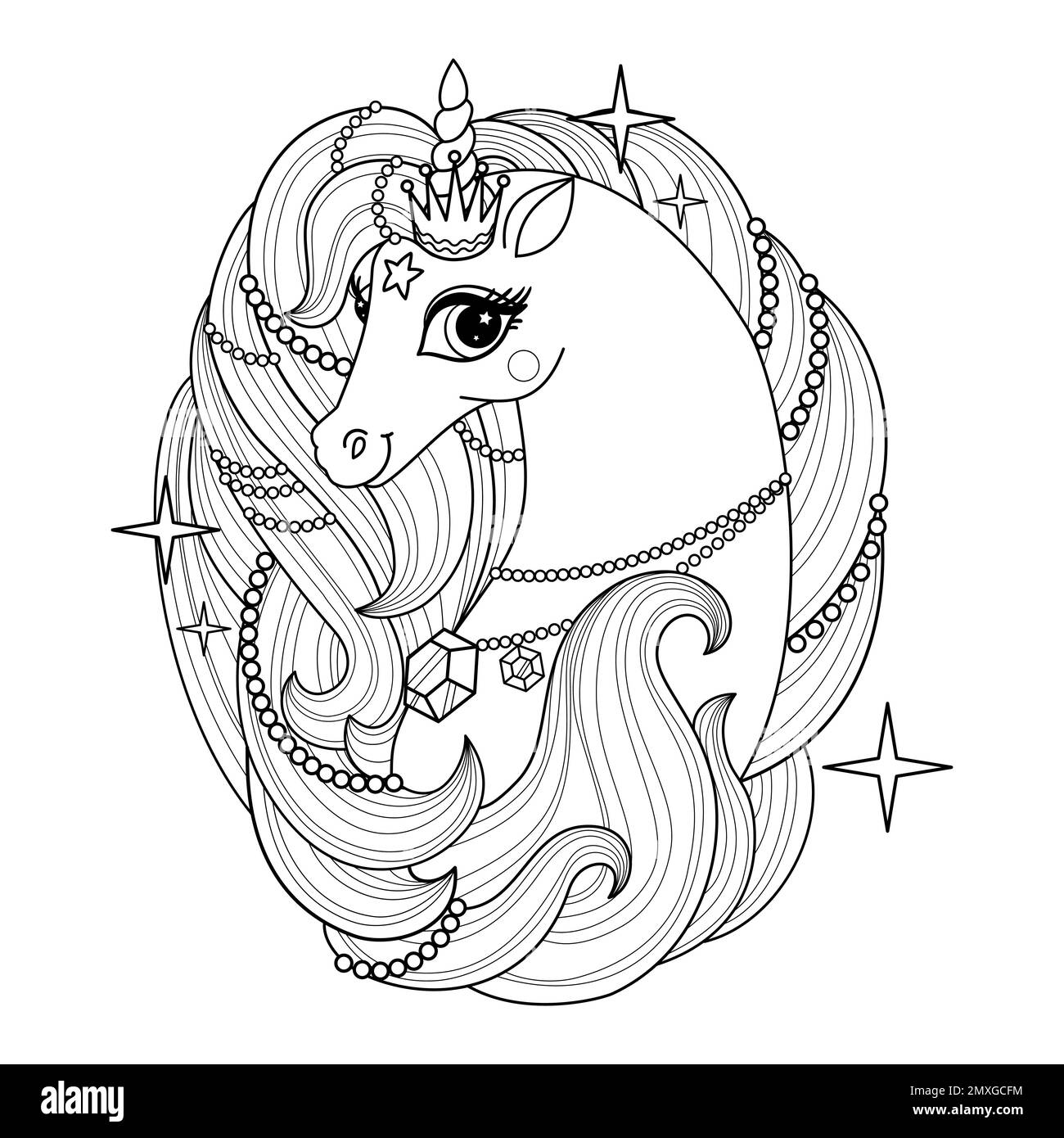 La tête d'une belle licorne avec une longue manie. Dessin linéaire noir et blanc. Pour la conception de livres à colorier, imprimés, affiches, cartes, autocollants, Illustration de Vecteur